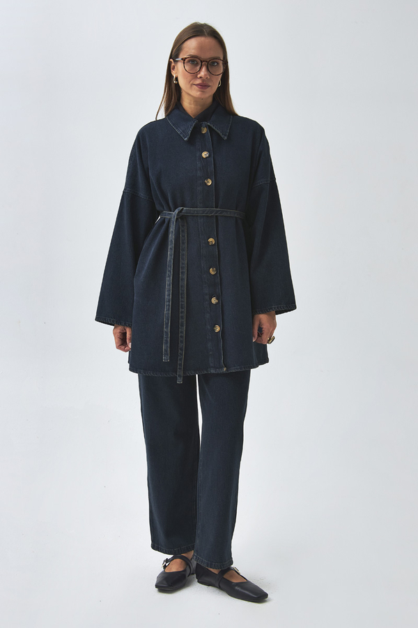 Oversize Denim Gömlek Koyu Mavi - 5