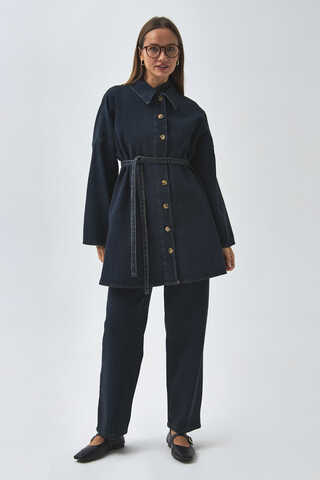 Oversize Denim Gömlek Koyu Mavi - 8
