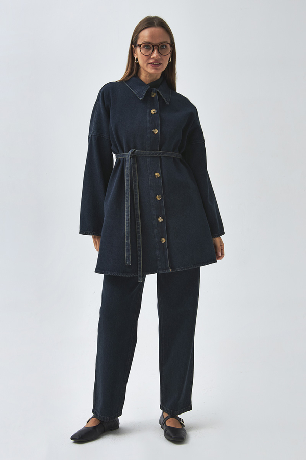 Oversize Denim Gömlek Koyu Mavi - 8