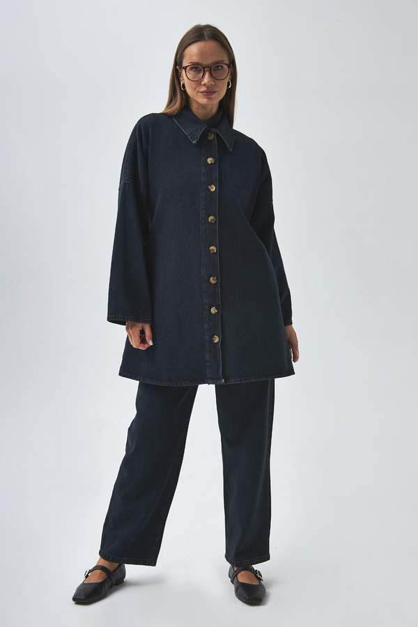 Oversize Denim Gömlek Koyu Mavi - 4