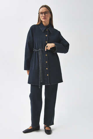 Oversize Denim Gömlek Koyu Mavi - 9