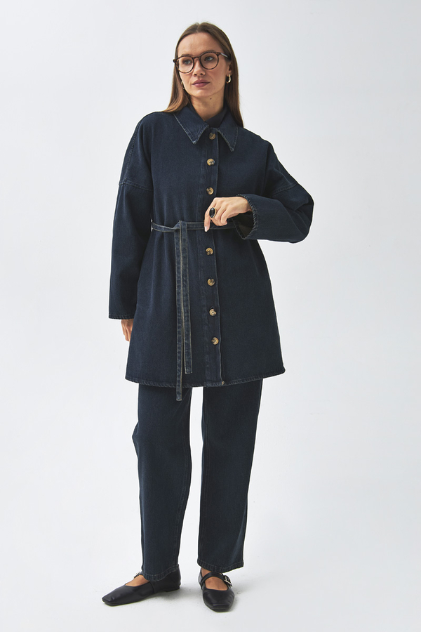 Oversize Denim Gömlek Koyu Mavi - 9