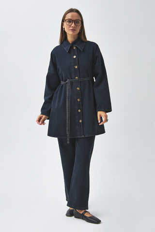 Oversize Denim Gömlek Koyu Mavi - 12