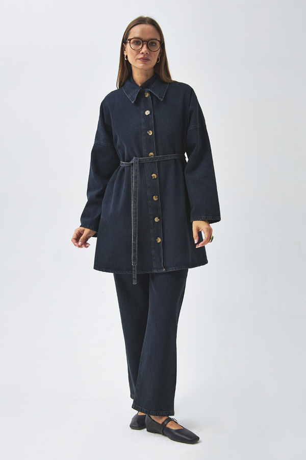 Oversize Denim Gömlek Koyu Mavi - 12