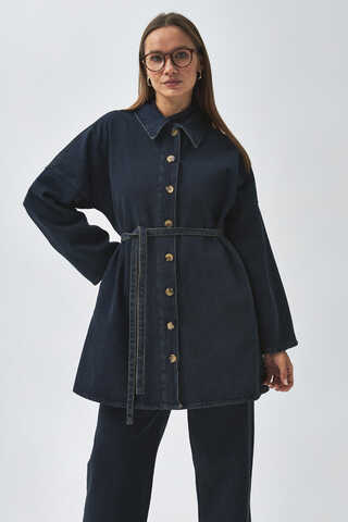Oversize Denim Gömlek Koyu Mavi - 7