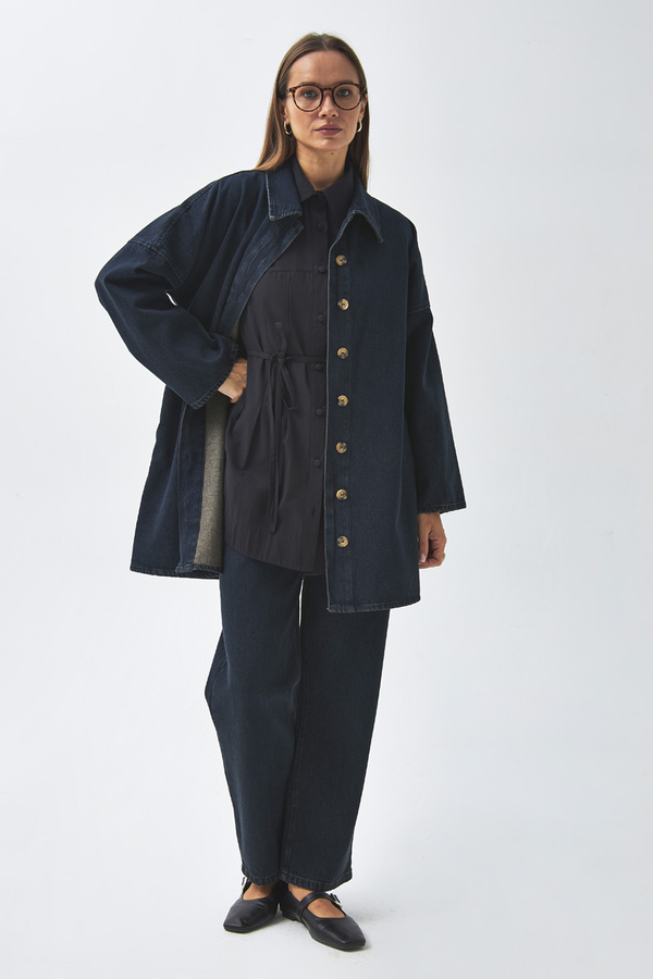 Oversize Denim Gömlek Koyu Mavi - 3