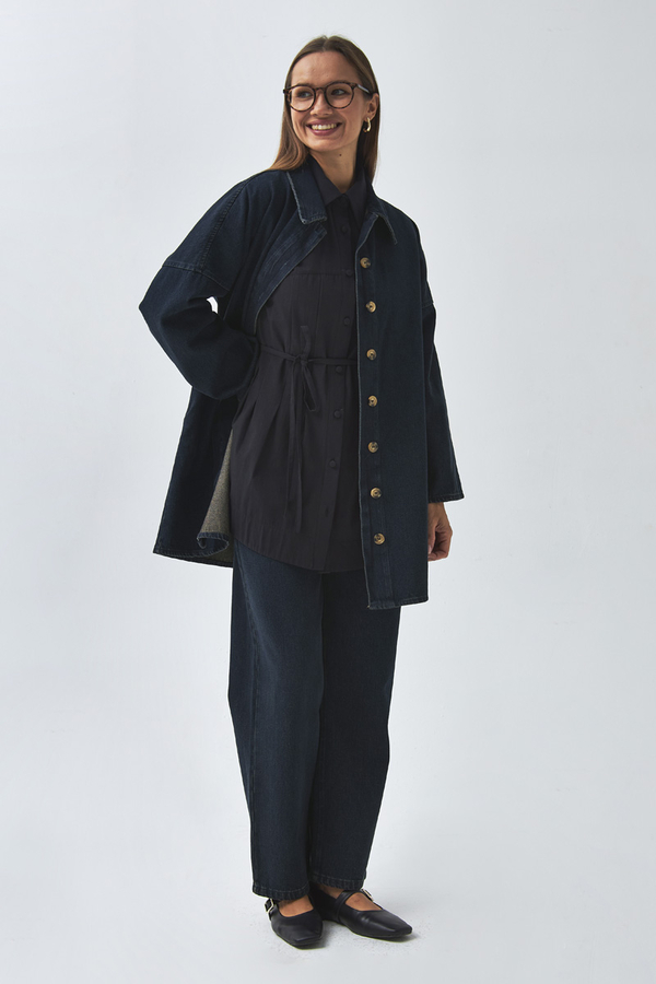 Oversize Denim Gömlek Koyu Mavi - 10