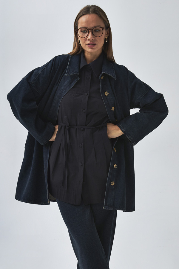 Oversize Denim Gömlek Koyu Mavi - 11