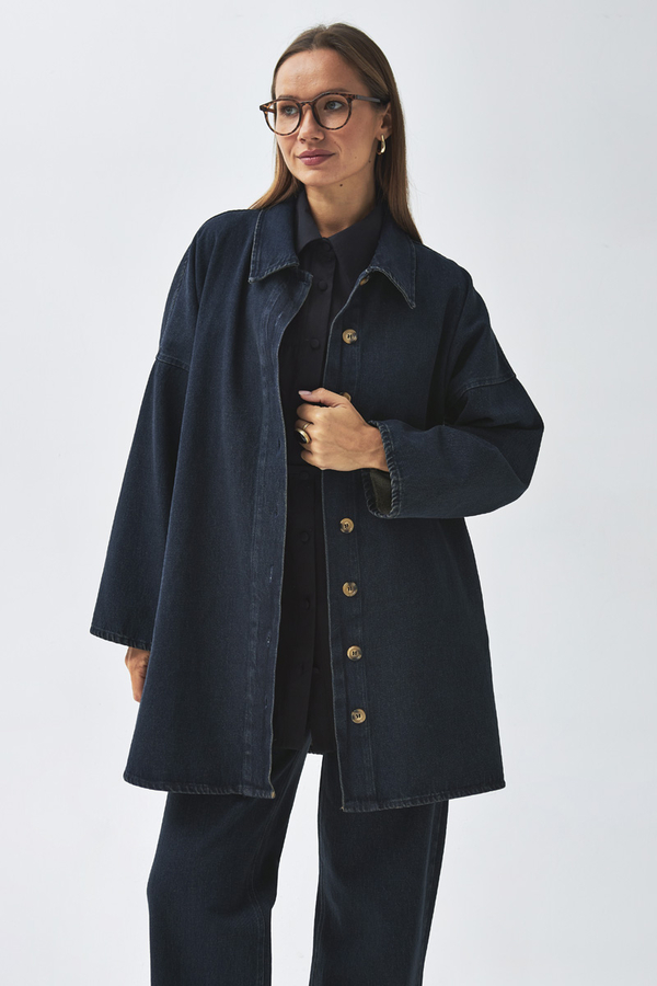 Oversize Denim Gömlek Koyu Mavi - 13