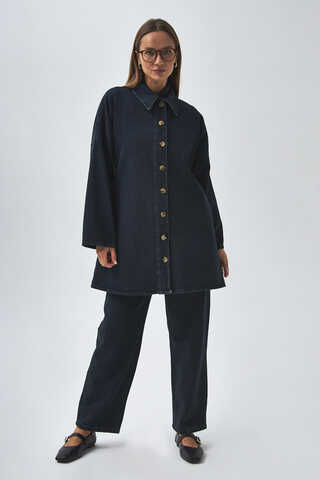 Oversize Denim Gömlek Koyu Mavi - 14