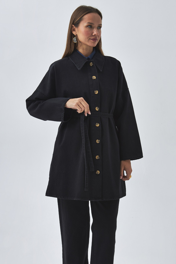 Oversize Denim Gömlek Siyah - 10