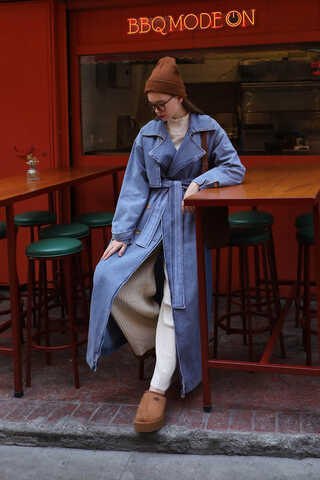 Oversize Denim Trençkot Açık Mavi - 2