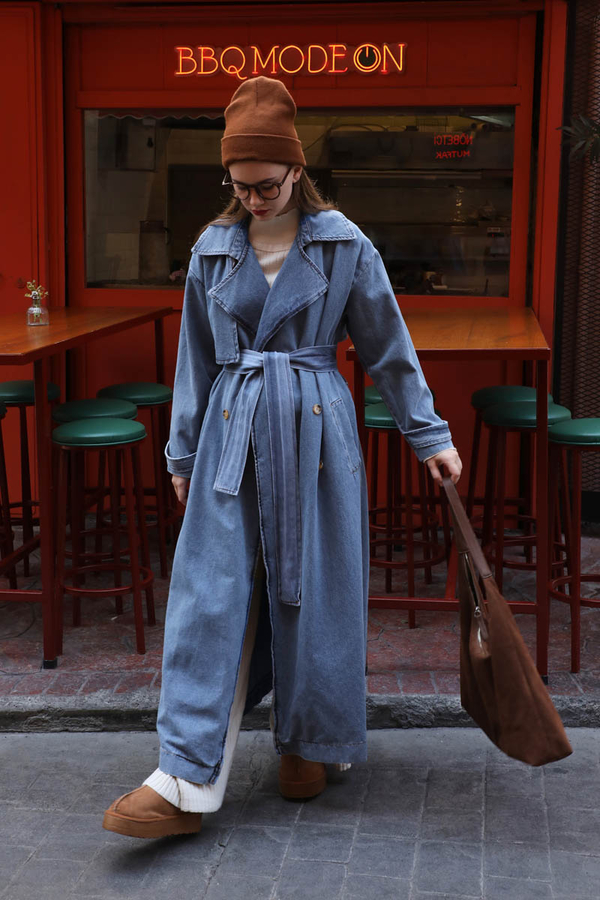 Oversize Denim Trençkot Açık Mavi - 6