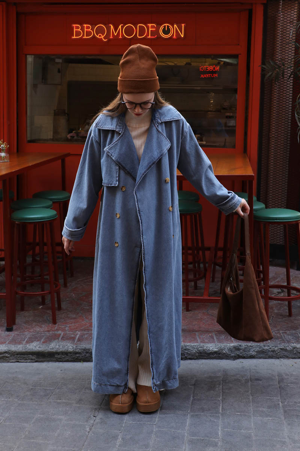 Oversize Denim Trençkot Açık Mavi - 7