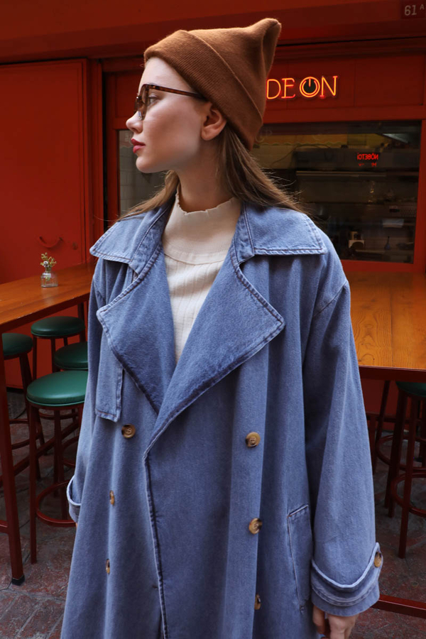Oversize Denim Trençkot Açık Mavi - 10