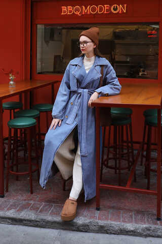 Oversize Denim Trençkot Açık Mavi - 1