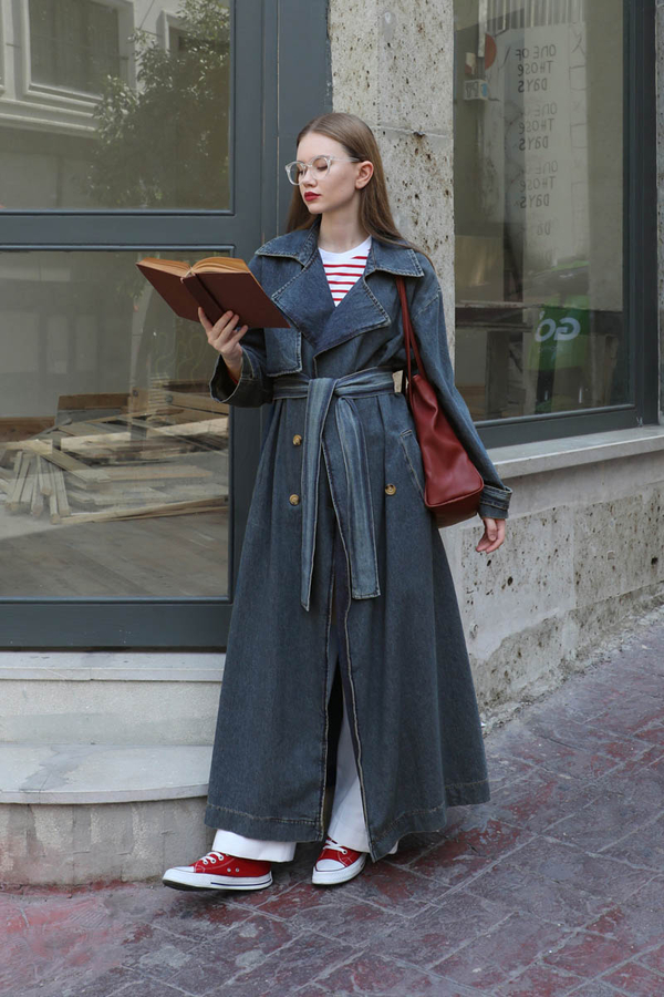 Oversize Denim Trençkot Koyu Mavi 