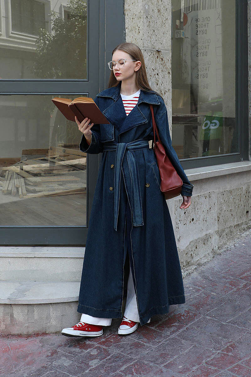 Oversize Denim Trençkot Koyu Mavi