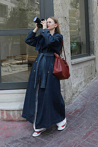 Oversize Denim Trençkot Koyu Mavi - 2