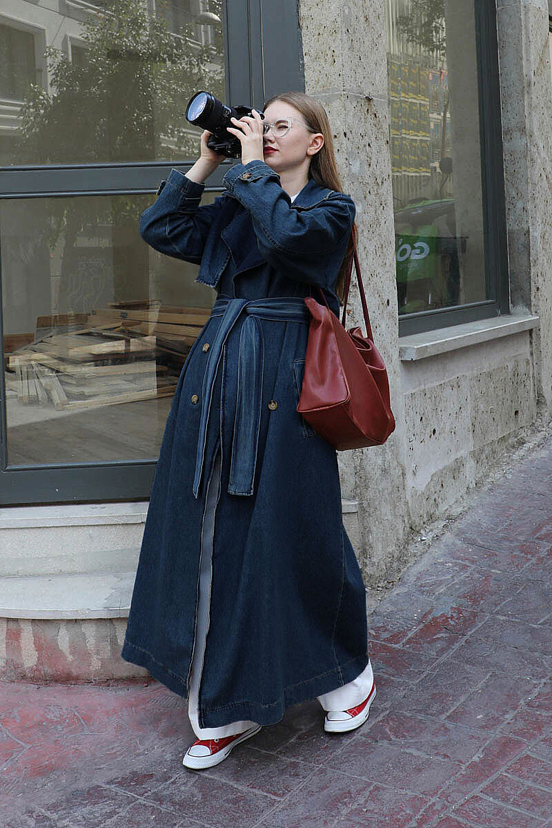 Oversize Denim Trençkot Koyu Mavi - 2