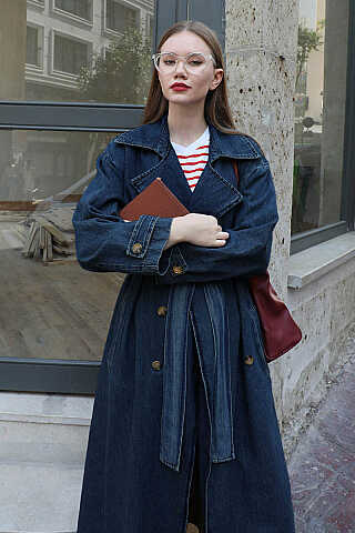 Oversize Denim Trençkot Koyu Mavi - 3