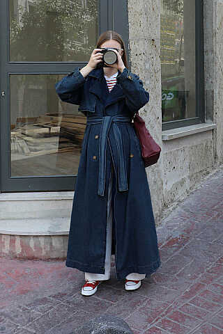 Oversize Denim Trençkot Koyu Mavi - 4