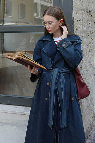 Oversize Denim Trençkot Koyu Mavi - 5