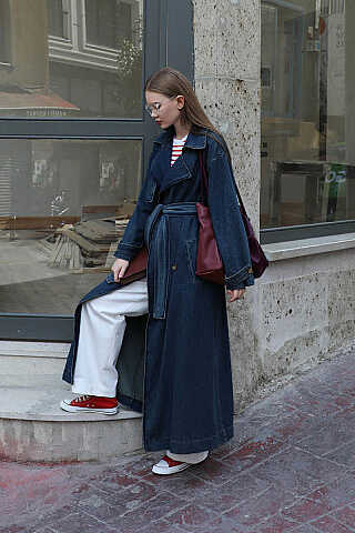 Oversize Denim Trençkot Koyu Mavi - 6