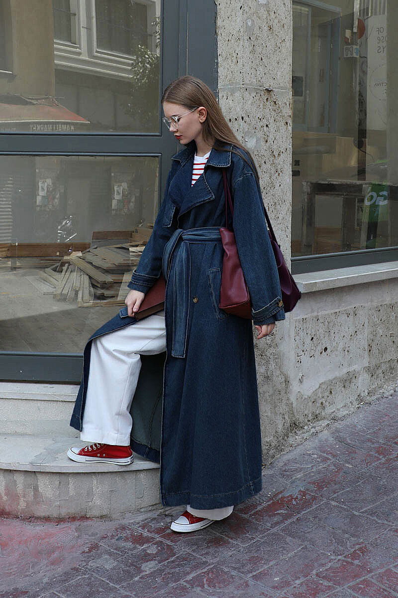 Oversize Denim Trençkot Koyu Mavi - 6