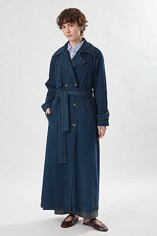 Oversize Denim Trençkot Koyu Mavi
