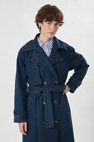 Oversize Denim Trençkot Koyu Mavi (1)