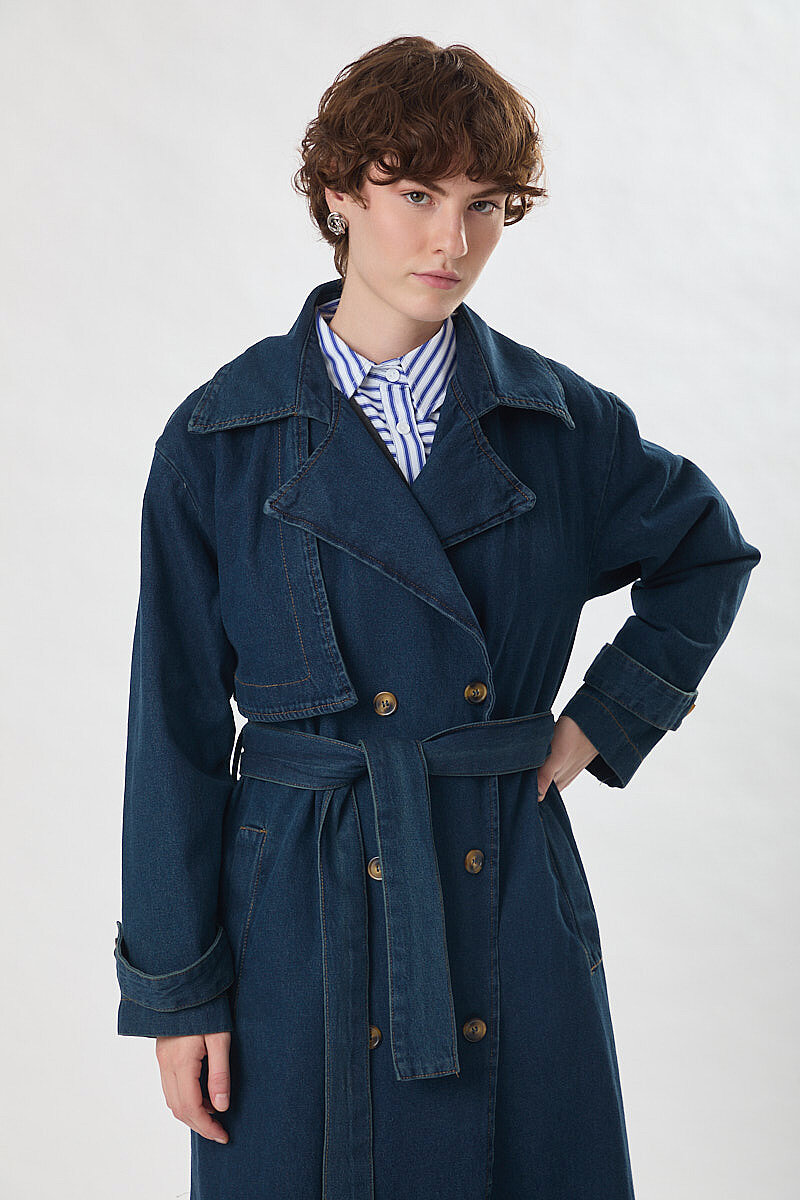 Oversize Denim Trençkot Koyu Mavi - 2