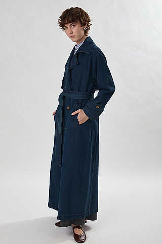 Oversize Denim Trençkot Koyu Mavi - 3