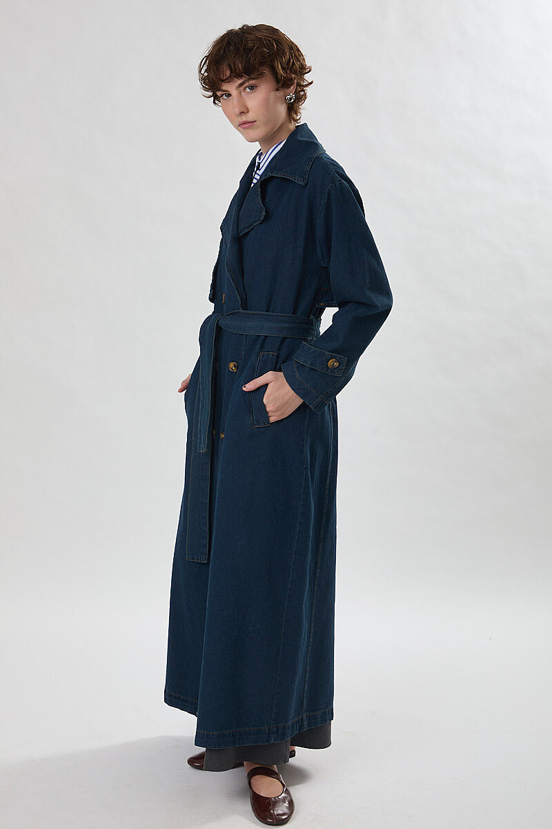 Oversize Denim Trençkot Koyu Mavi - 3