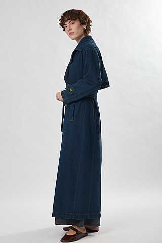 Oversize Denim Trençkot Koyu Mavi - 5