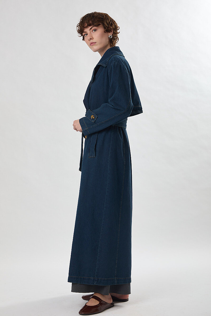 Oversize Denim Trençkot Koyu Mavi - 5