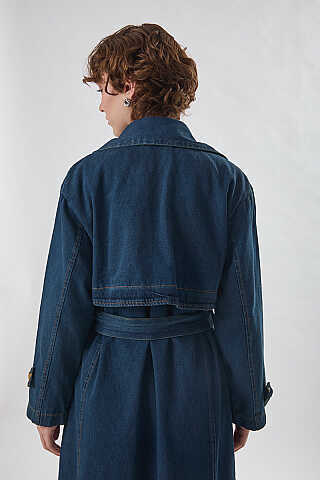 Oversize Denim Trençkot Koyu Mavi - 4