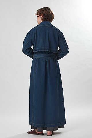 Oversize Denim Trençkot Koyu Mavi - 6
