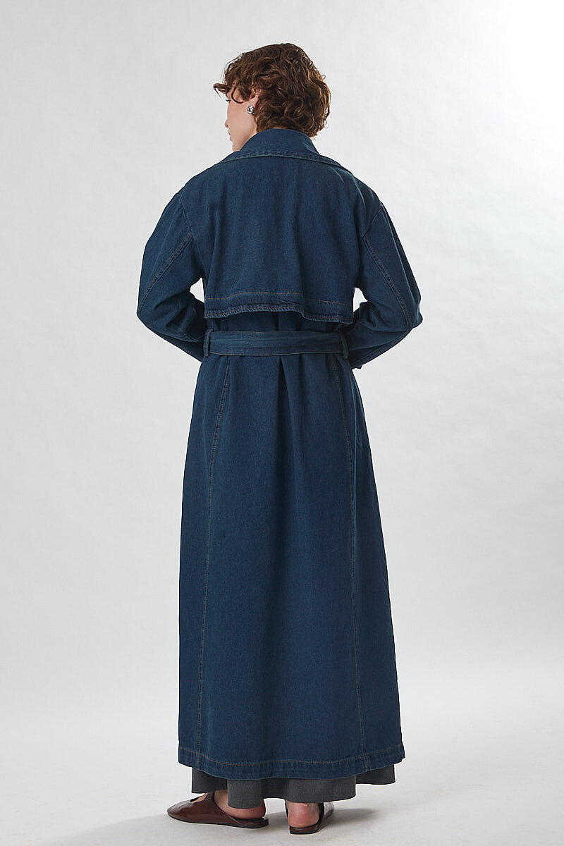 Oversize Denim Trençkot Koyu Mavi - 6