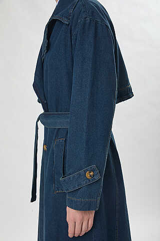 Oversize Denim Trençkot Koyu Mavi - 7