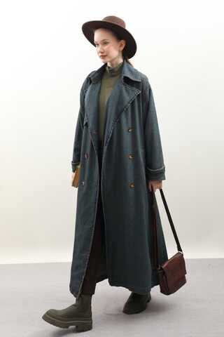 Oversize Denim Trençkot Koyu Mavi - 9