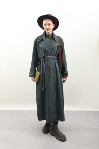 Oversize Denim Trençkot Koyu Mavi - 10
