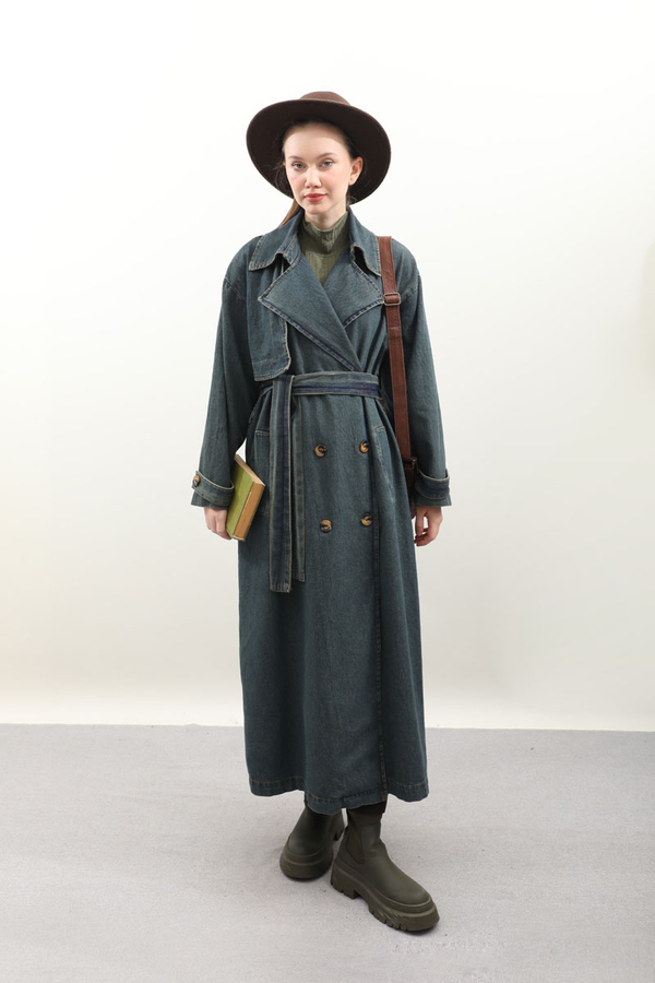 Oversize Denim Trençkot Koyu Mavi - 10