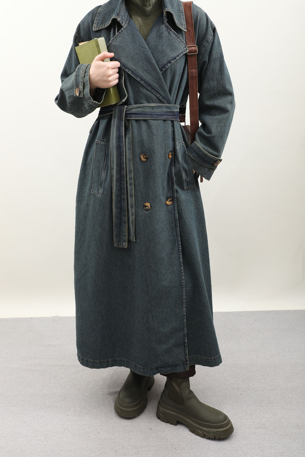 Oversize Denim Trençkot Koyu Mavi - 8