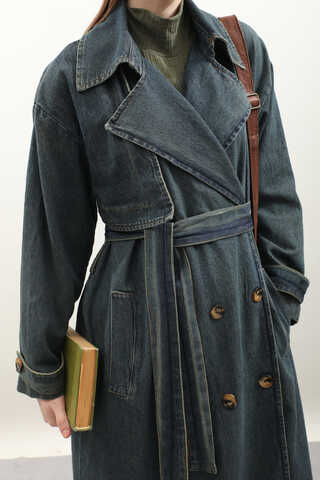 Oversize Denim Trençkot Koyu Mavi - 12