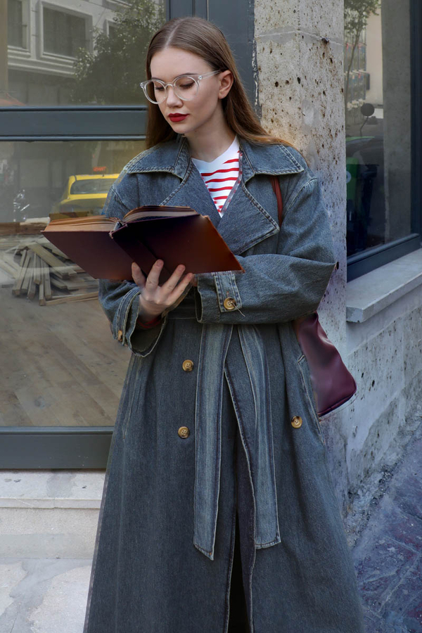 Oversize Denim Trençkot Koyu Mavi - 2