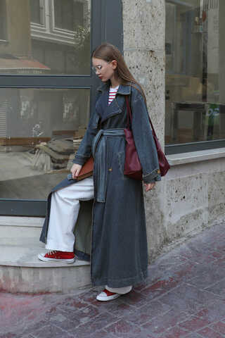 Oversize Denim Trençkot Koyu Mavi - 7