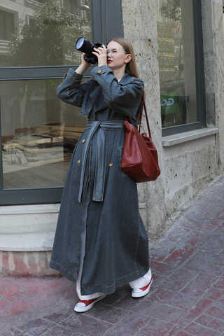 Oversize Denim Trençkot Koyu Mavi - 3