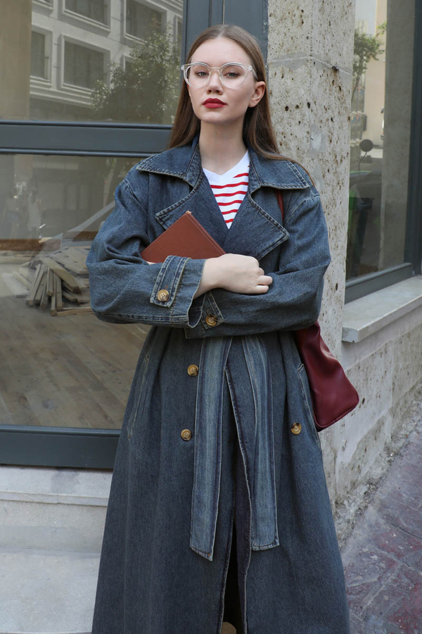 Oversize Denim Trençkot Koyu Mavi - 4