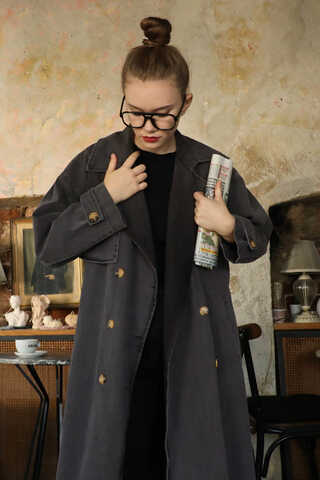 Oversize Denim Trençkot Siyah - 5